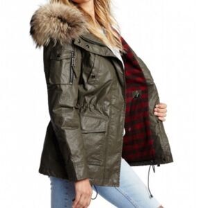 SAM. Cabin Parka Olive Gray Fox Fur Buffalo Plaid Coated Canvas